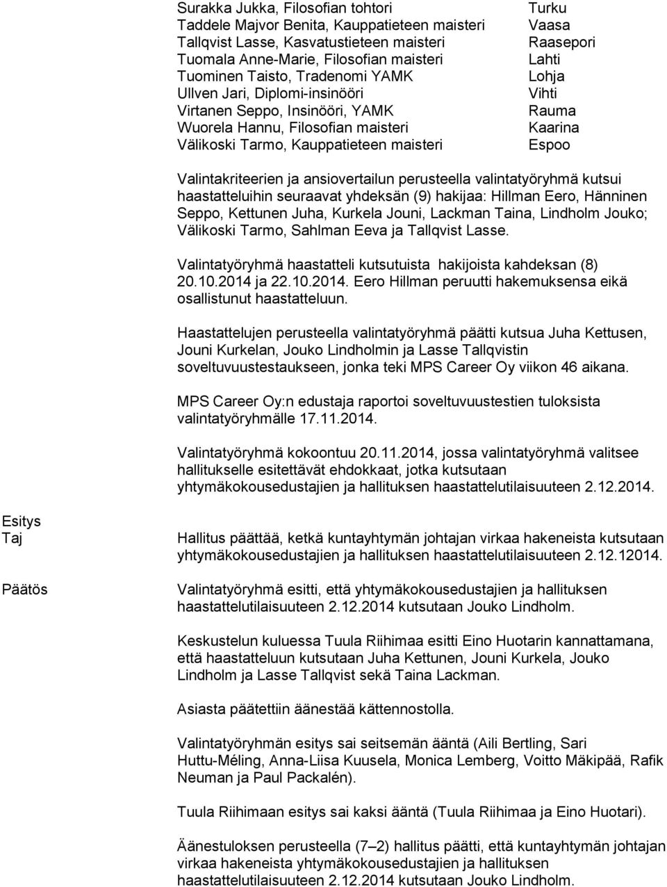 Valintakriteerien ja ansiovertailun perusteella valintatyöryhmä kutsui haastatteluihin seuraavat yhdeksän (9) hakijaa: Hillman Eero, Hänninen Seppo, Kettunen Juha, Kurkela Jouni, Lackman Taina,