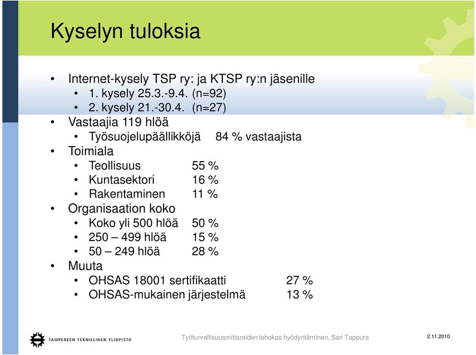 (n=27) Vastaajia 119 hlöä Työsuojelupäällikköjä 84 % vastaajista Toimiala Teollisuus 55 %
