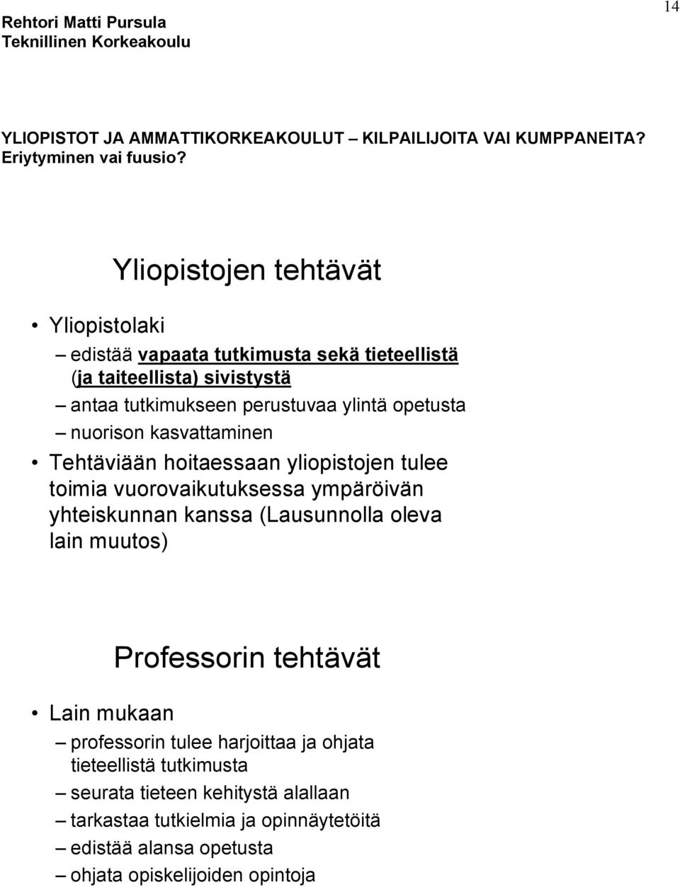 kasvattaminen Tehtäviään hoitaessaan yliopistojen tulee toimia vuorovaikutuksessa ympäröivän yhteiskunnan kanssa (Lausunnolla oleva lain muutos) Professorin tehtävät