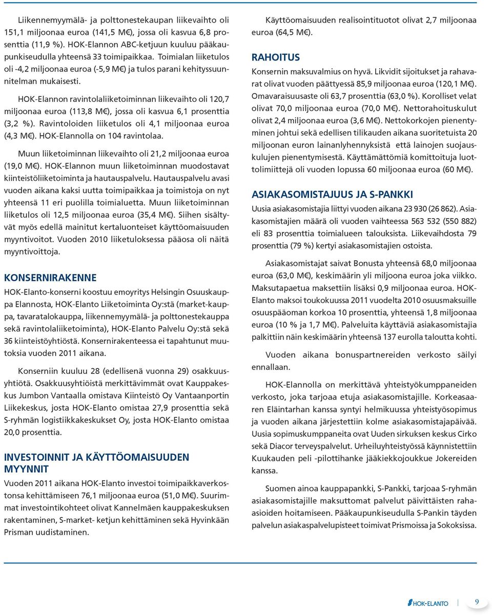 HOK-Elannon ravintolaliiketoiminnan liikevaihto oli 120,7 miljoonaa euroa (113,8 M ), jossa oli kasvua 6,1 prosenttia (3,2 %). Ravintoloiden liiketulos oli 4,1 miljoonaa euroa (4,3 M ).