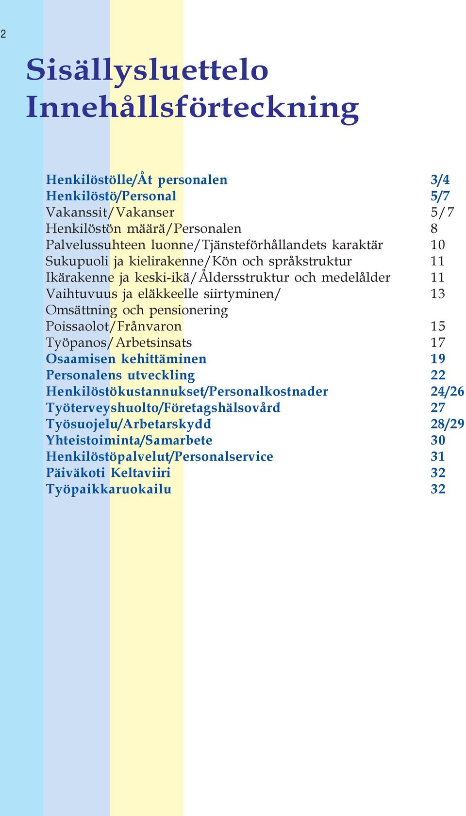 siirtyminen/ 3 Omsättning och pensionering Poissaolot/Frånvaron 5 Työpanos/Arbetsinsats 7 Osaamisen kehittäminen 9 Personalens utveckling 22