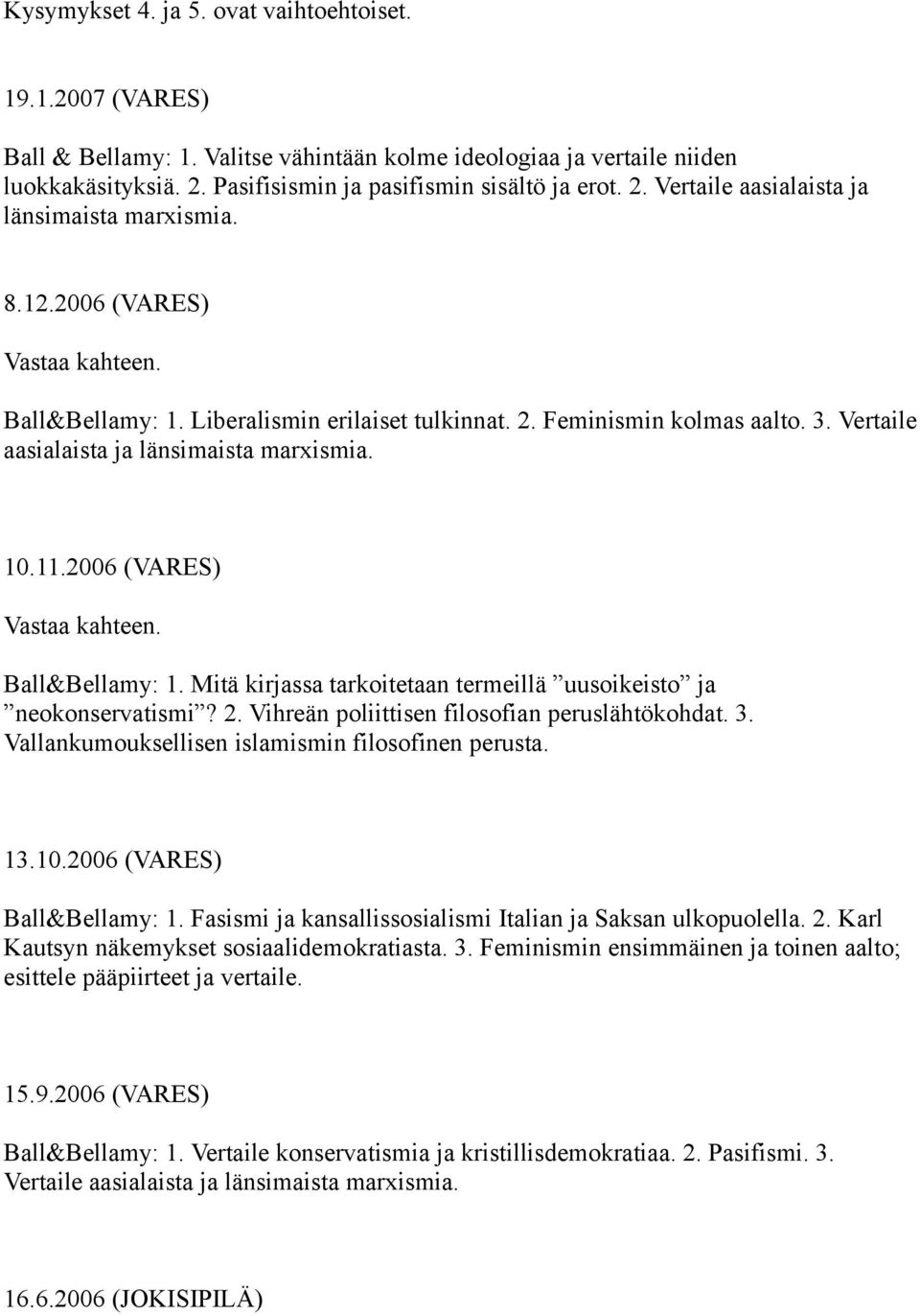 2. Vihreän poliittisen filosofian peruslähtökohdat. 3. Vallankumouksellisen islamismin filosofinen perusta. 13.10.2006 (VARES) Ball&Bellamy: 1.