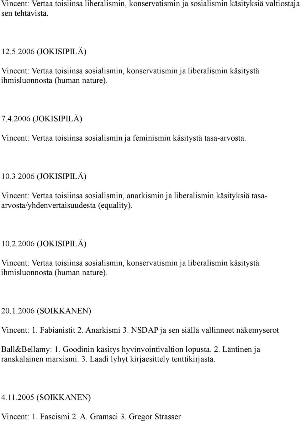 2006 (JOKISIPILÄ) Vincent: Vertaa toisiinsa sosialismin ja feminismin käsitystä tasa-arvosta. 10.3.