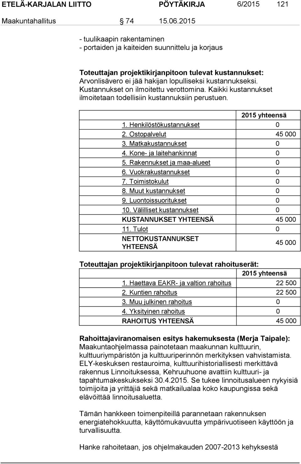 Kustannukset on ilmoitettu verottomina. Kaikki kustannukset ilmoitetaan todellisiin kustannuksiin perustuen. 2015 yhteensä 1. Henkilöstökustannukset 0 2. Ostopalvelut 45 000 3. Matkakustannukset 0 4.