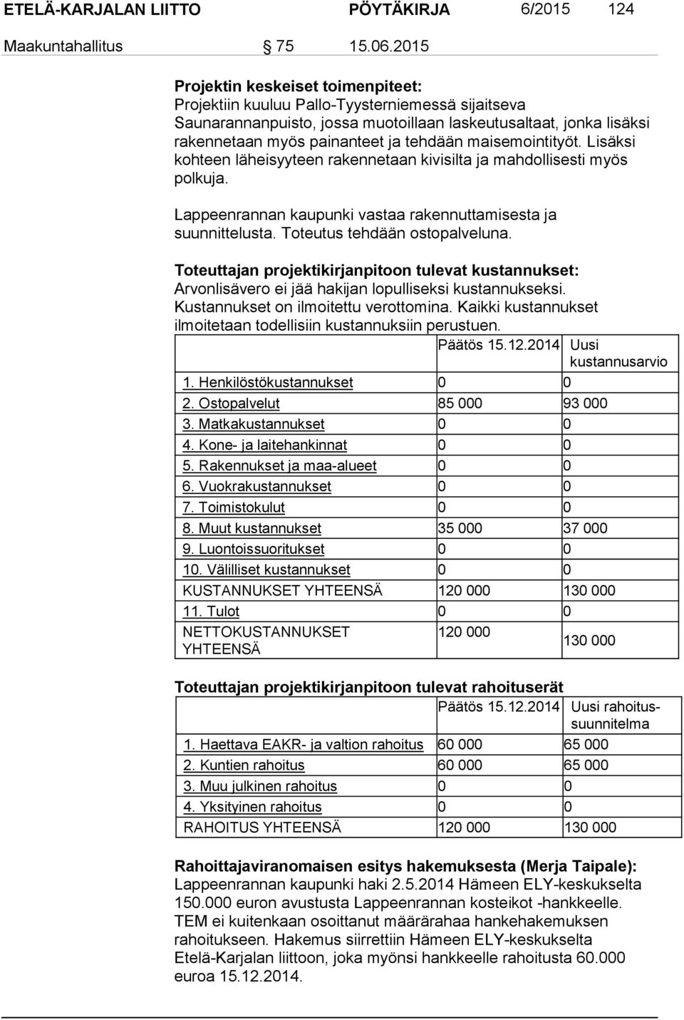 maisemointityöt. Lisäksi kohteen läheisyyteen rakennetaan kivisilta ja mahdollisesti myös polkuja. Lappeenrannan kaupunki vastaa rakennuttamisesta ja suunnittelusta. Toteutus tehdään ostopalveluna.