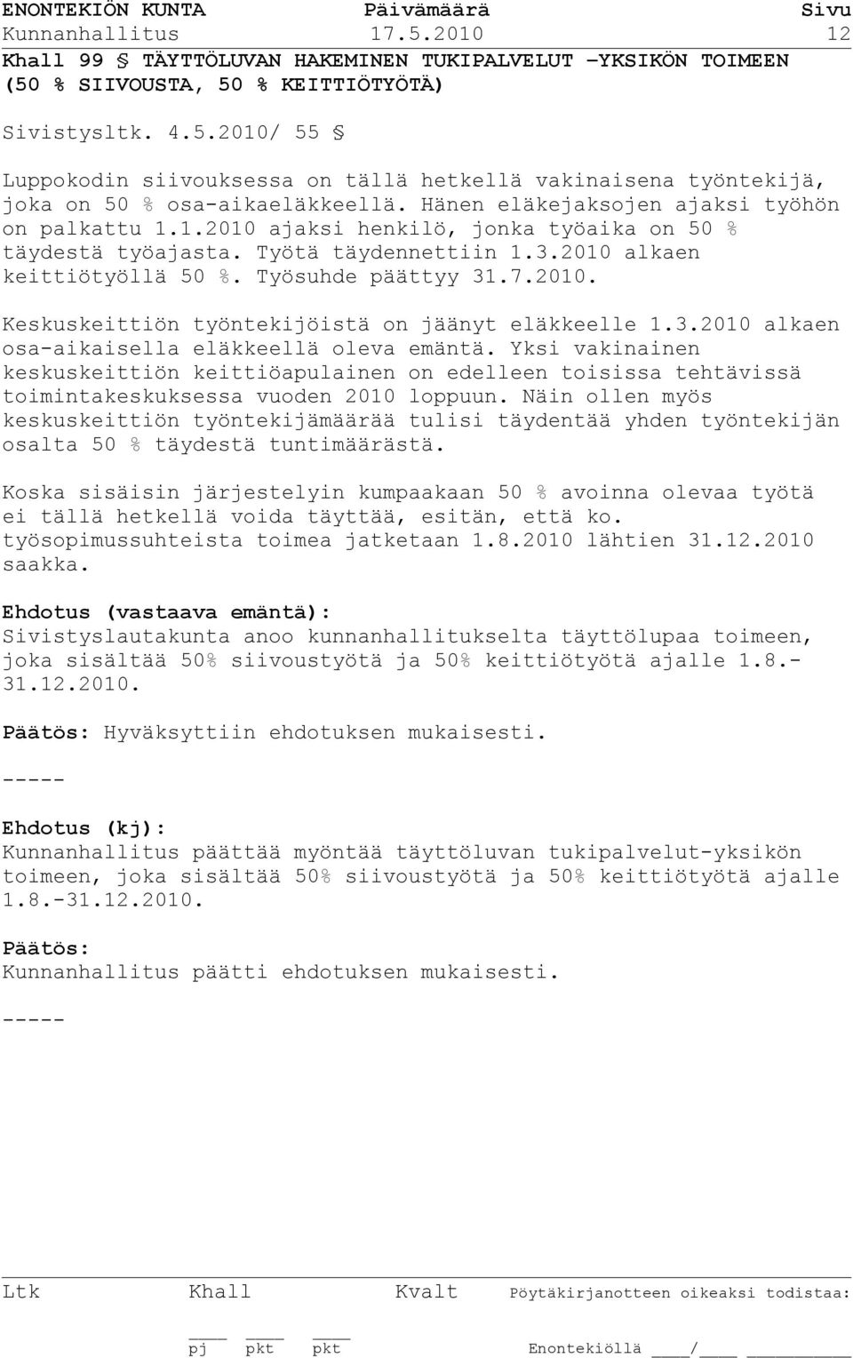 3.2010 alkaen osa-aikaisella eläkkeellä oleva emäntä. Yksi vakinainen keskuskeittiön keittiöapulainen on edelleen toisissa tehtävissä toimintakeskuksessa vuoden 2010 loppuun.