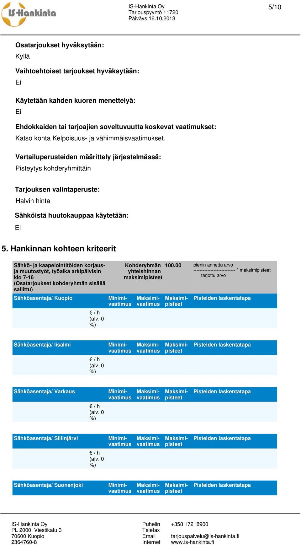 Hankinnan kohteen kriteerit Sähkö- ja kaapelointitöiden korjausja muutostyöt, työaika arkipäivisin klo 7-16 (Osatarjoukset kohderyhmän sisällä sallittu) Sähköasentaja/ Kuopio Kohderyhmän