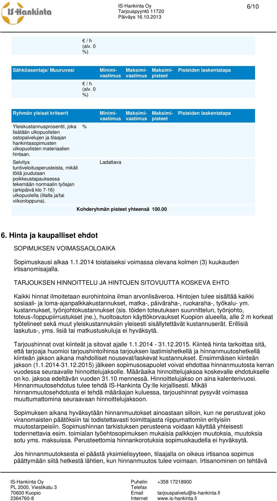 % Ladattava Kohderyhmän pisteet yhteensä 100.00 6. Hinta ja kaupalliset ehdot SOPIMUKSEN VOIMASSAOLOAIKA Sopimuskausi alkaa 1.1.2014 toistaiseksi voimassa olevana kolmen (3) kuukauden irtisanomisajalla.