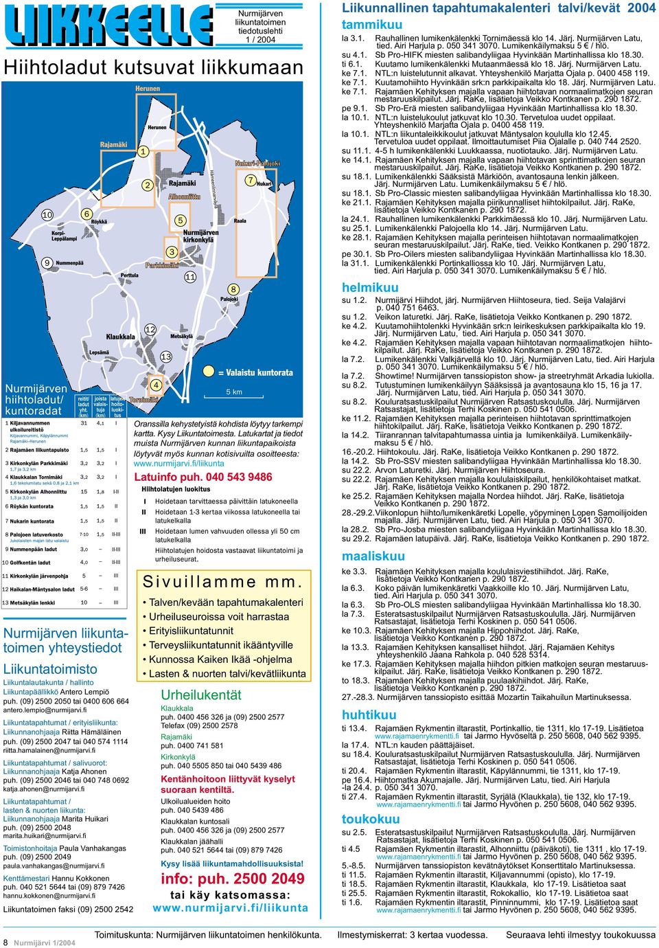 (09) 2500 2050 tai 0400 606 664 antero.lempio@nurmijarvi.fi Liikuntatapahtumat / erityisliikunta: Liikunnanohjaaja Riitta Hämäläinen puh. (09) 2500 2047 tai 040 574 1114 riitta.hamalainen@nurmijarvi.