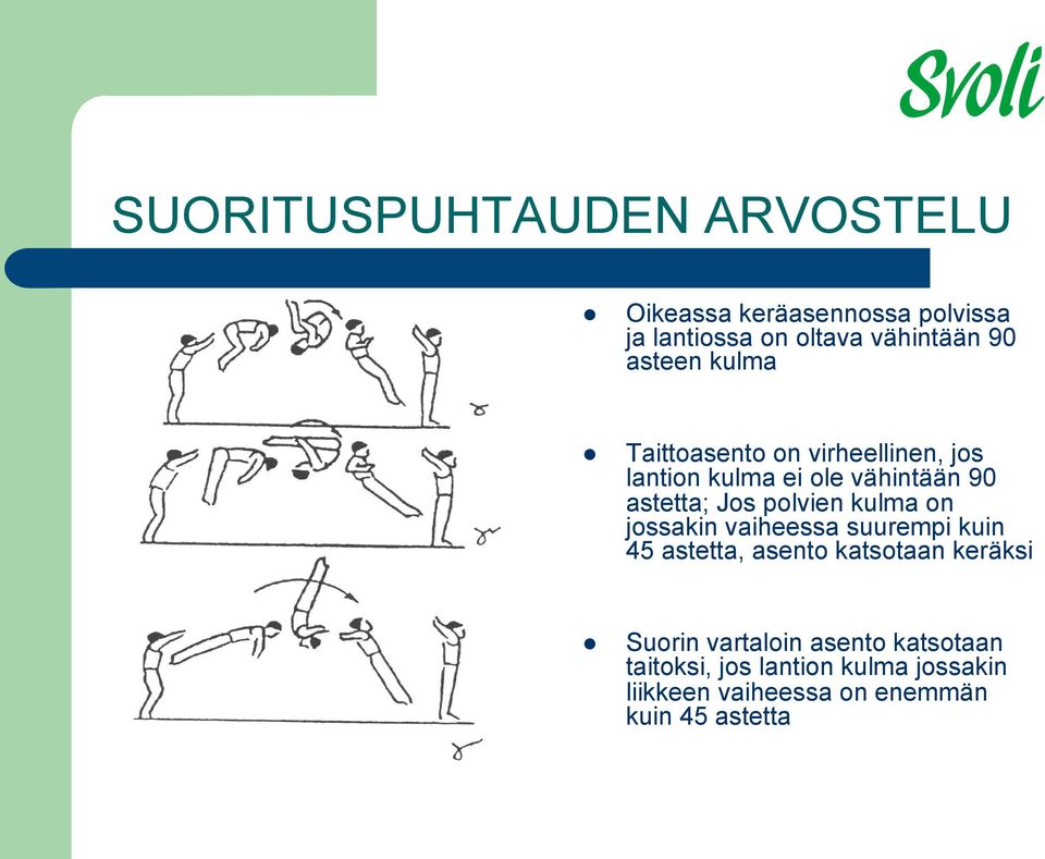 polvien kulma on jossakin vaiheessa suurempi kuin 45 astetta, asento katsotaan keräksi Suorin