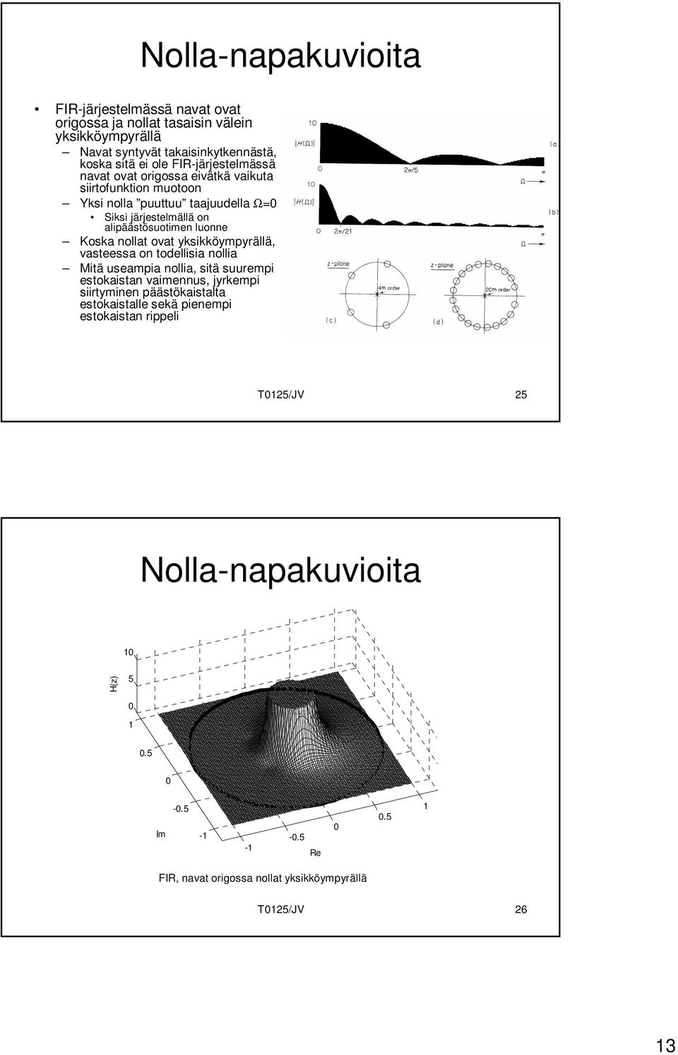 luonne Koska nollat ovat yksikköympyrällä, vasteessa on todellisia nollia Mitä useampia nollia, sitä suurempi estokaistan vaimennus, jyrkempi siirtyminen