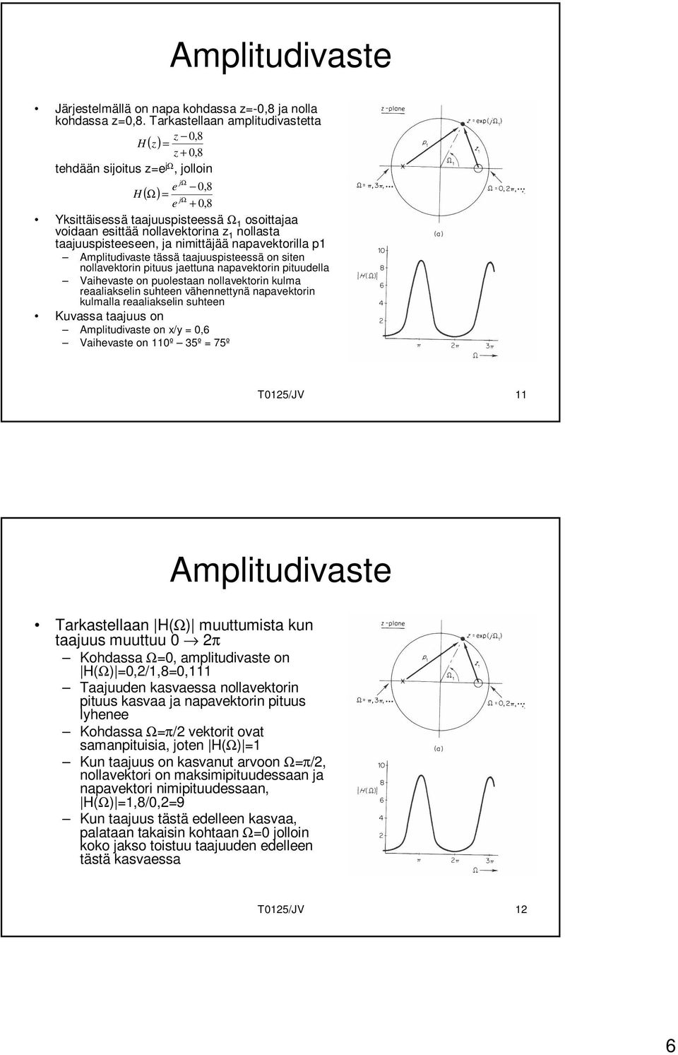 nimittäjää napavektorilla p Amplitudivaste tässä taajuuspisteessä on siten nollavektorin pituus jaettuna napavektorin pituudella Vaihevaste on puolestaan nollavektorin kulma reaaliakselin suhteen