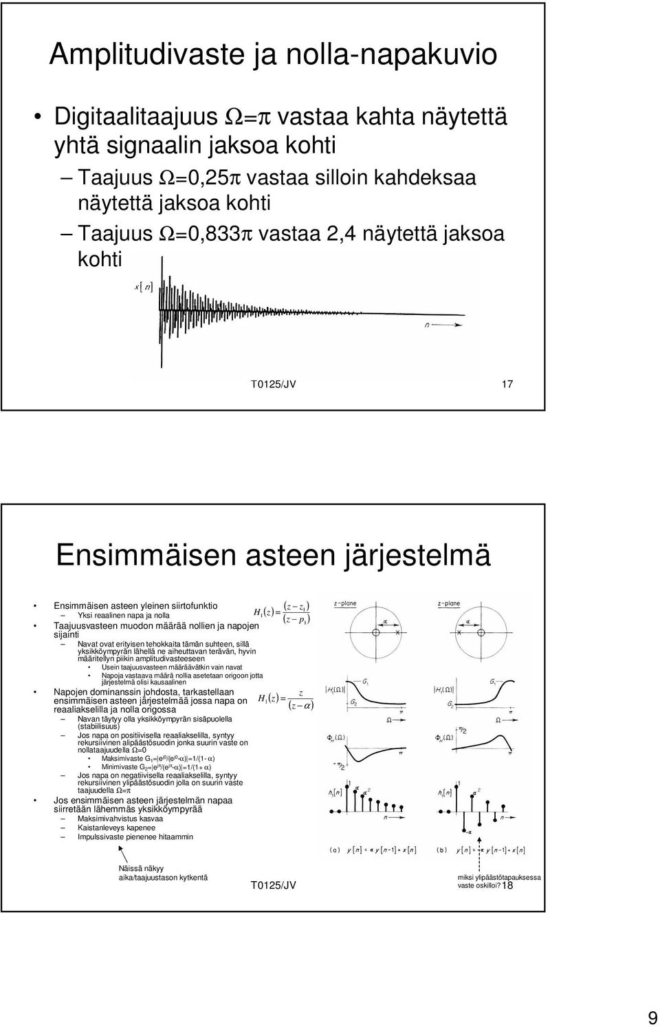 tehokkaita tämän suhteen, sillä yksikköympyrän lähellä ne aiheuttavan terävän, hyvin määritellyn piikin amplitudivasteeseen Usein taajuusvasteen määräävätkin vain navat apoja vastaava määrä nollia