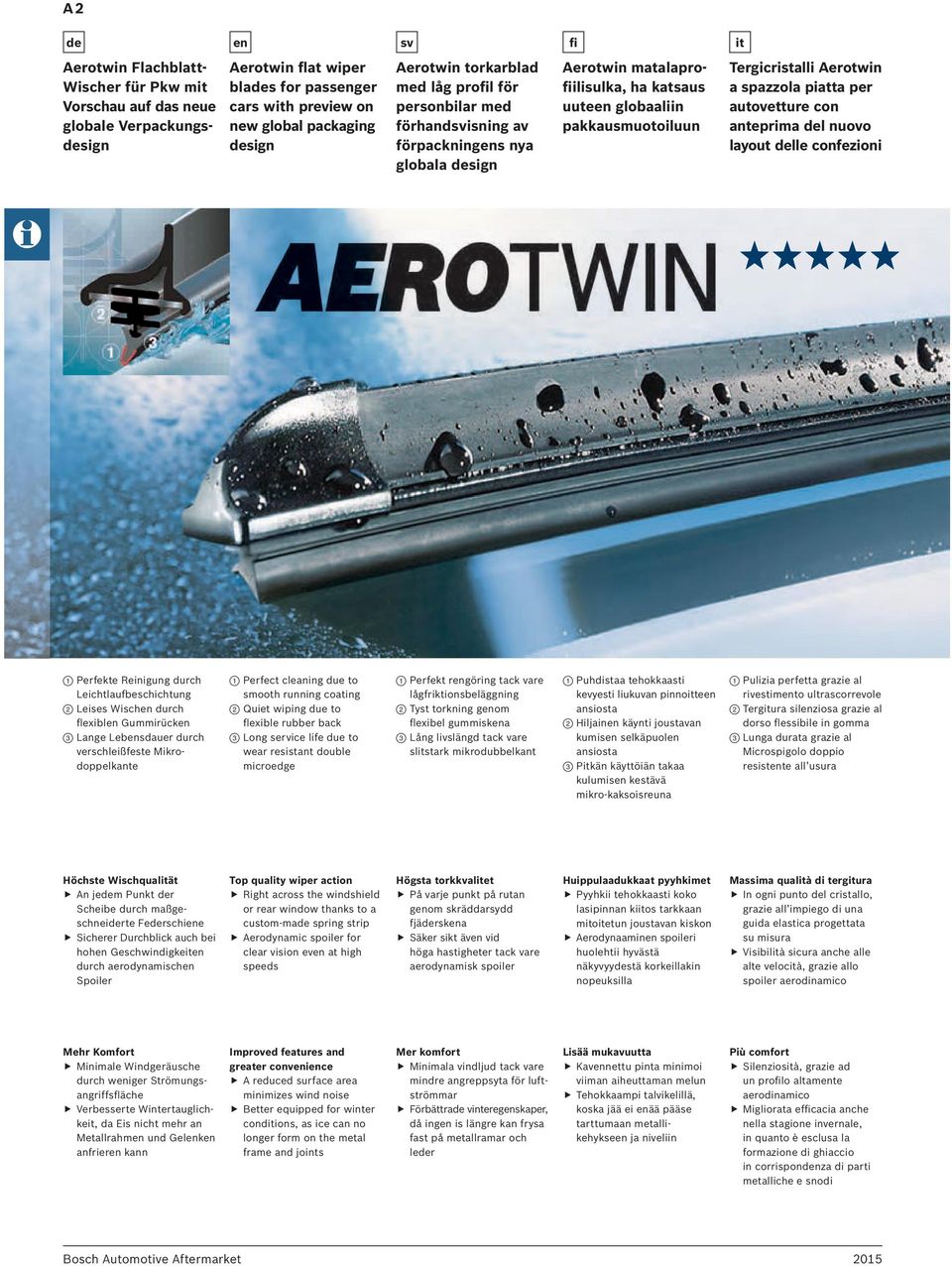 Aerotwin a spazzola piatta per autovetture con anteprima del nuovo layout delle confezioni 1 Perfekte Reinigung durch Leichtlaufbeschichtung 2 Leises Wischen durch flexiblen Gummirücken 3 Lange