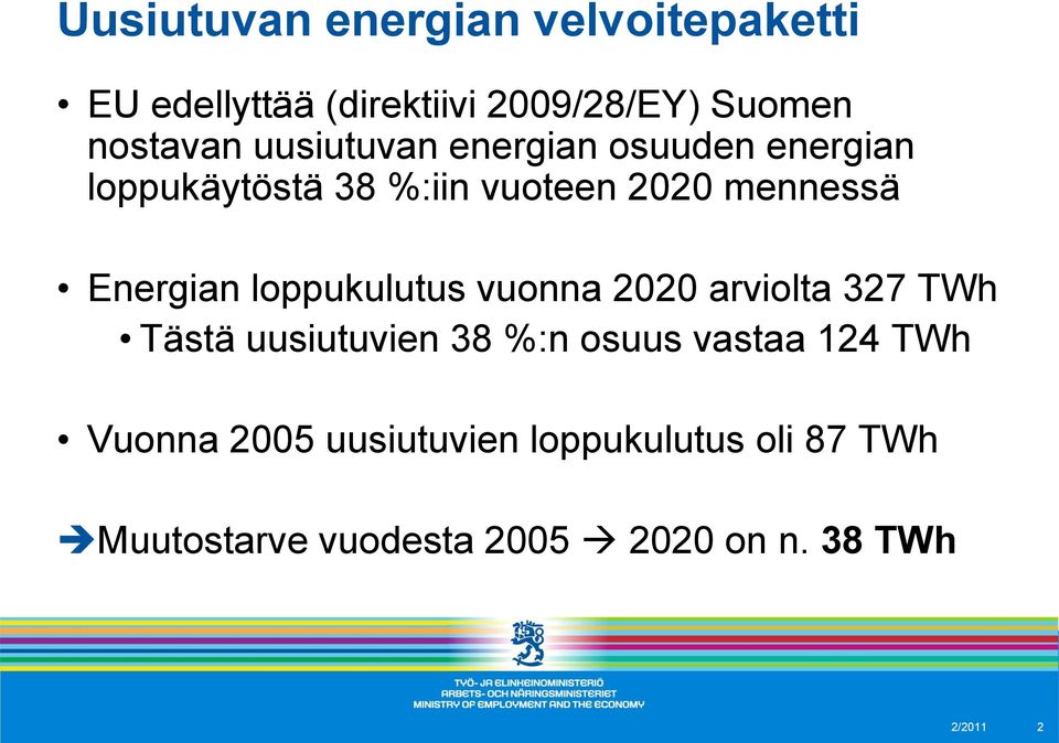 loppukulutus vuonna 2020 arviolta 327 TWh Tästä uusiutuvien 38 %:n osuus vastaa 124 TWh