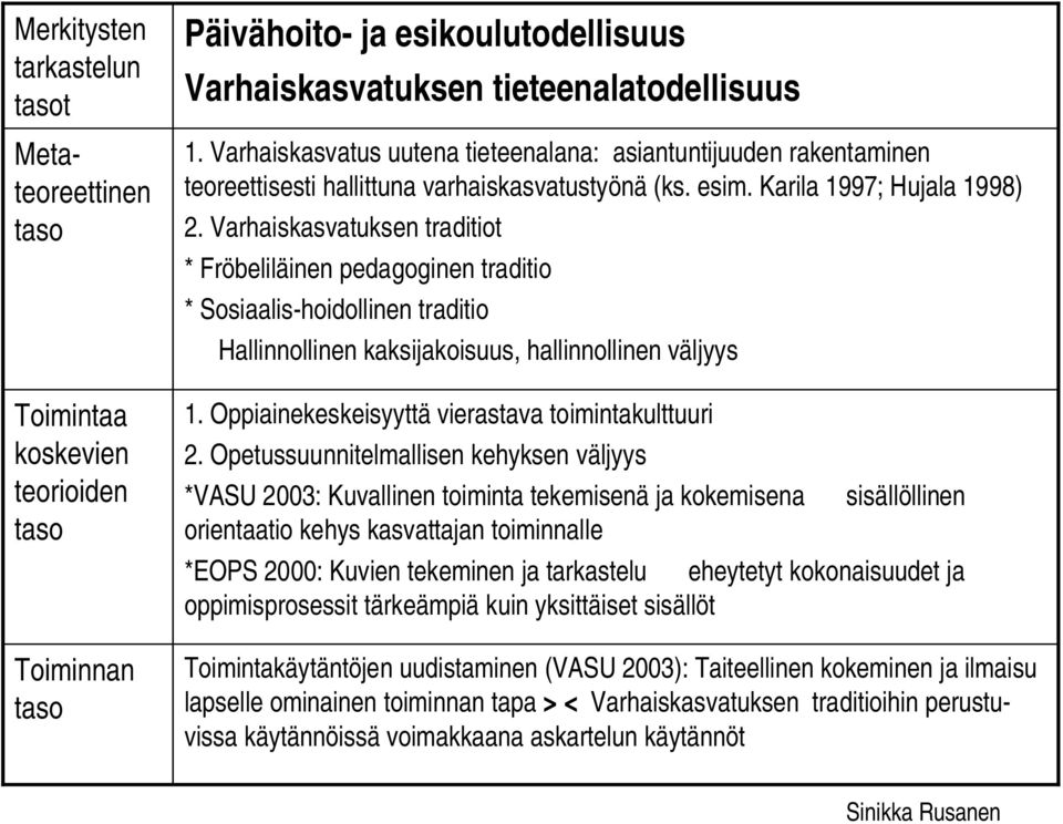 Varhaiskasvatuksen traditiot * Fröbeliläinen pedagoginen traditio * Sosiaalis-hoidollinen traditio Hallinnollinen kaksijakoisuus, hallinnollinen väljyys 1.