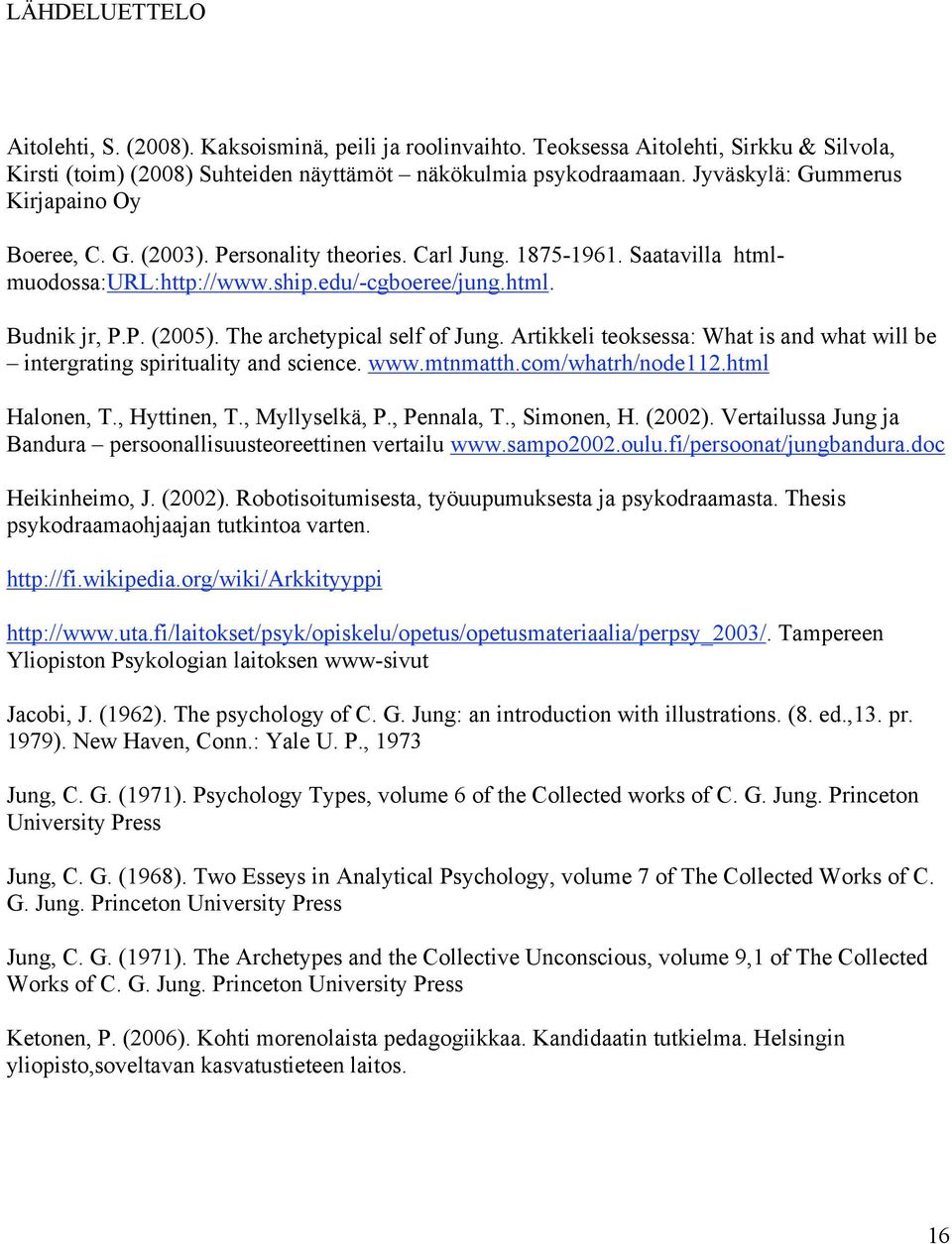 The archetypical self of Jung. Artikkeli teoksessa: What is and what will be intergrating spirituality and science. www.mtnmatth.com/whatrh/node112.html Halonen, T., Hyttinen, T., Myllyselkä, P.