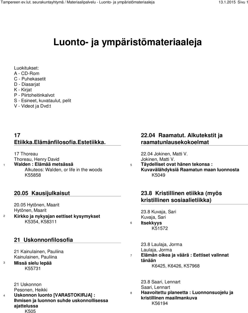 Elämänfilosofia.Estetiikka. 17 Thoreau Thoreau, Henry David 1 Walden : Elämää metsässä Alkuteos: Walden, or life in the woods K55858 22.04 Raamatut. Alkutekstit ja raamatunlausekokoelmat 22.