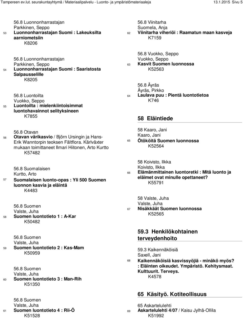 8 Luonnonharrastajan Parkkinen, Seppo 54 Luonnonharrastajan Suomi : Saaristosta Salpausselille K8205 56.