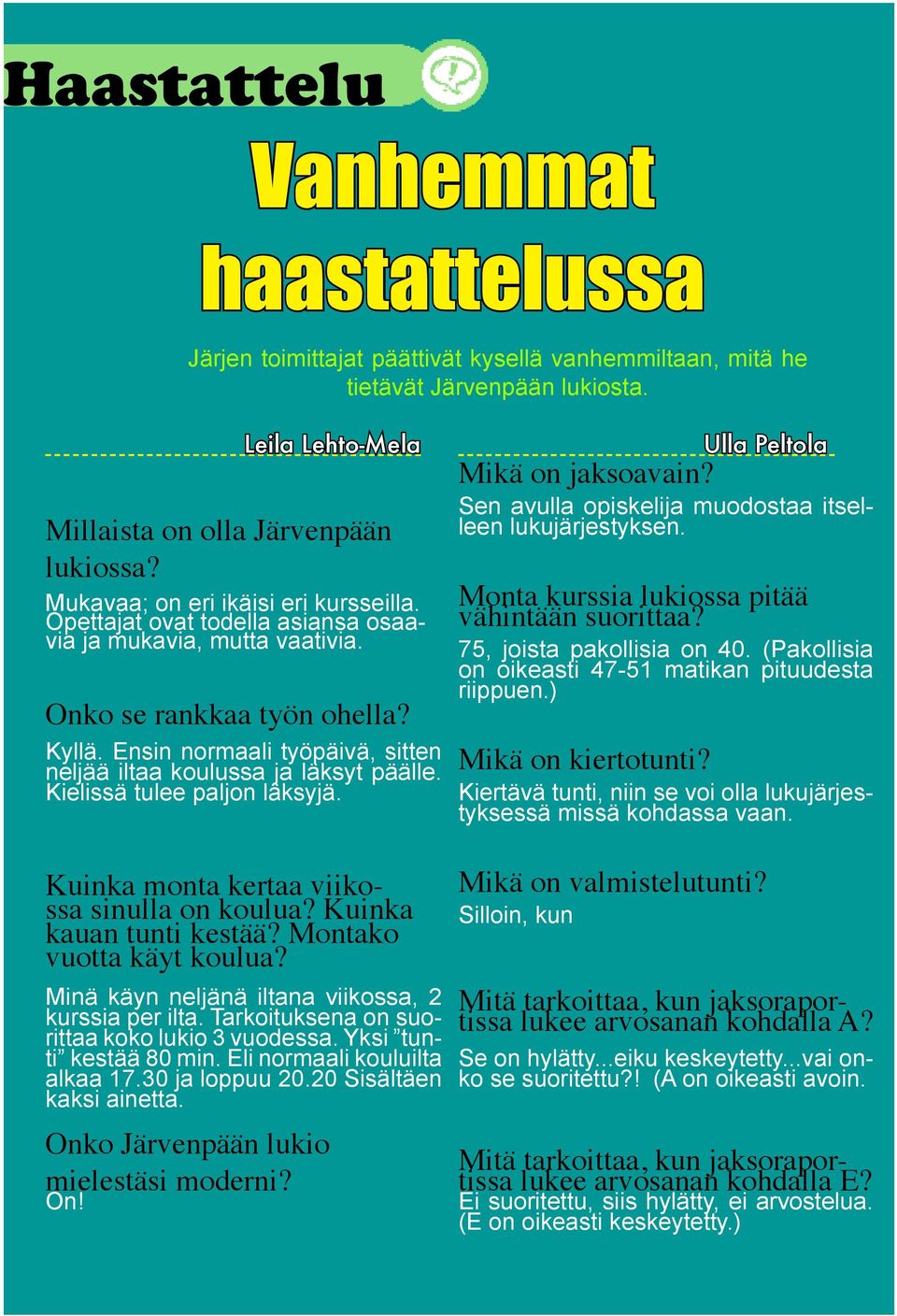 Ensin normaali työpäivä, sitten neljää iltaa koulussa ja läksyt päälle. Kielissä tulee paljon läksyjä. Kuinka monta kertaa viikossa sinulla on koulua? Kuinka kauan tunti kestää?