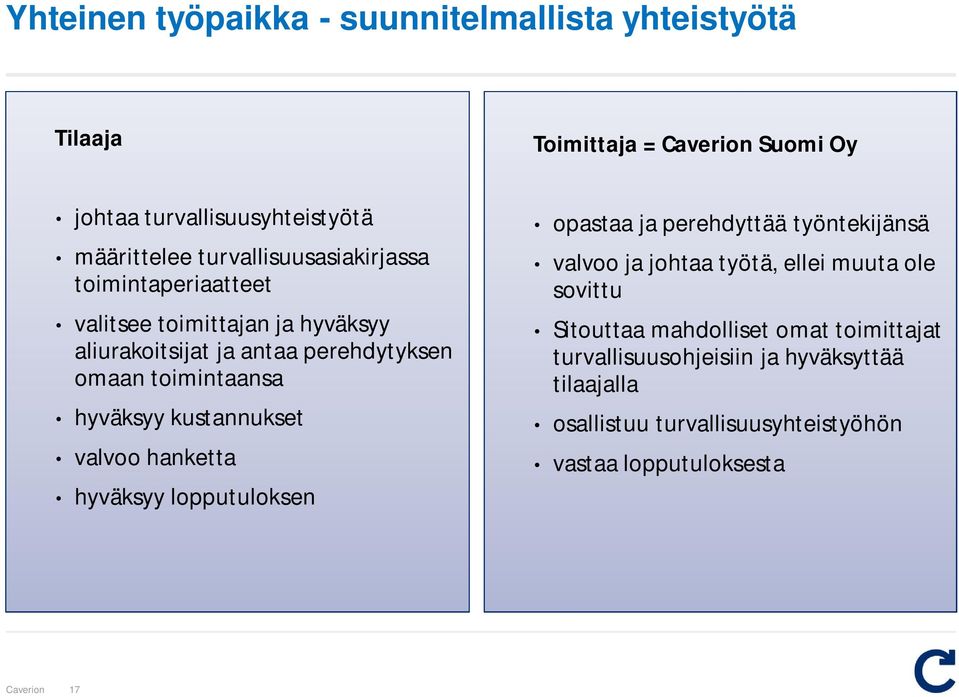 hyväksyy kustannukset valvoo hanketta hyväksyy lopputuloksen opastaa ja perehdyttää työntekijänsä valvoo ja johtaa työtä, ellei muuta ole