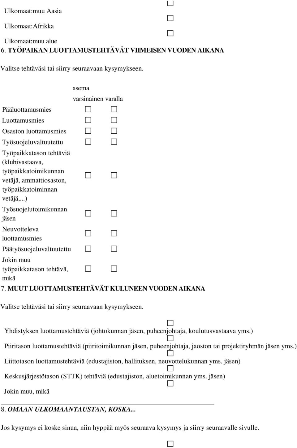 ..) Työsuojelutoimikunnan jäsen Neuvotteleva luottamusmies Päätyösuojeluvaltuutettu Jokin muu työpaikkatason tehtävä, mikä asema varsinainen varalla 7.