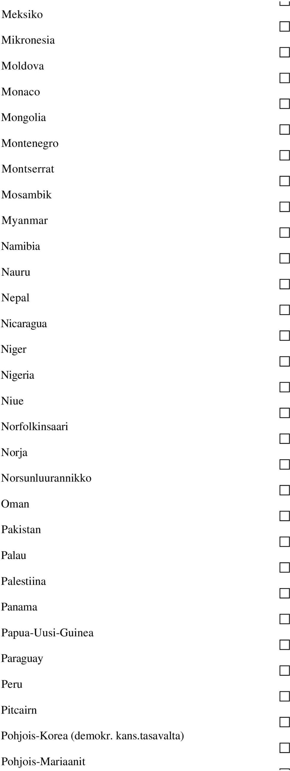 Norja Norsunluurannikko Oman Pakistan Palau Palestiina Panama