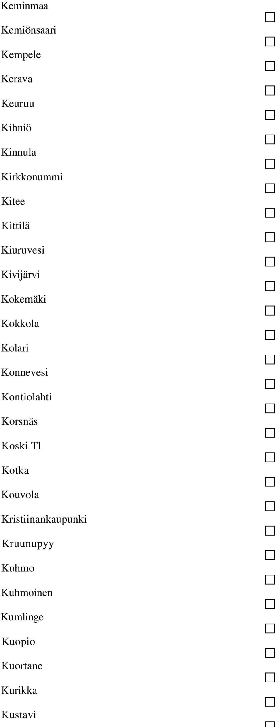 Kolari Konnevesi Kontiolahti Korsnäs Koski Tl Kotka Kouvola