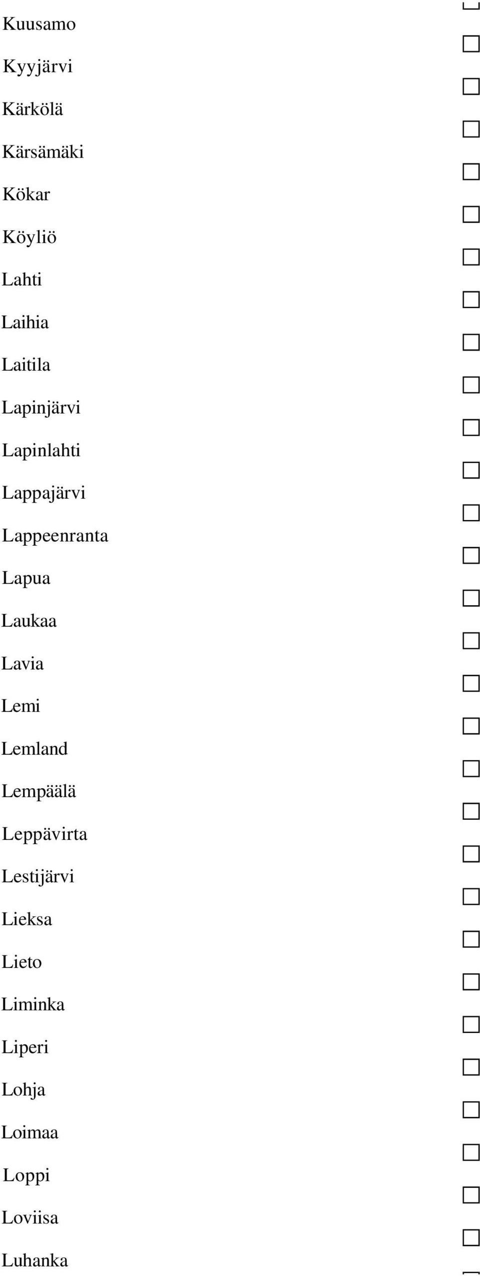 Lappeenranta Lapua Laukaa Lavia Lemi Lemland Lempäälä