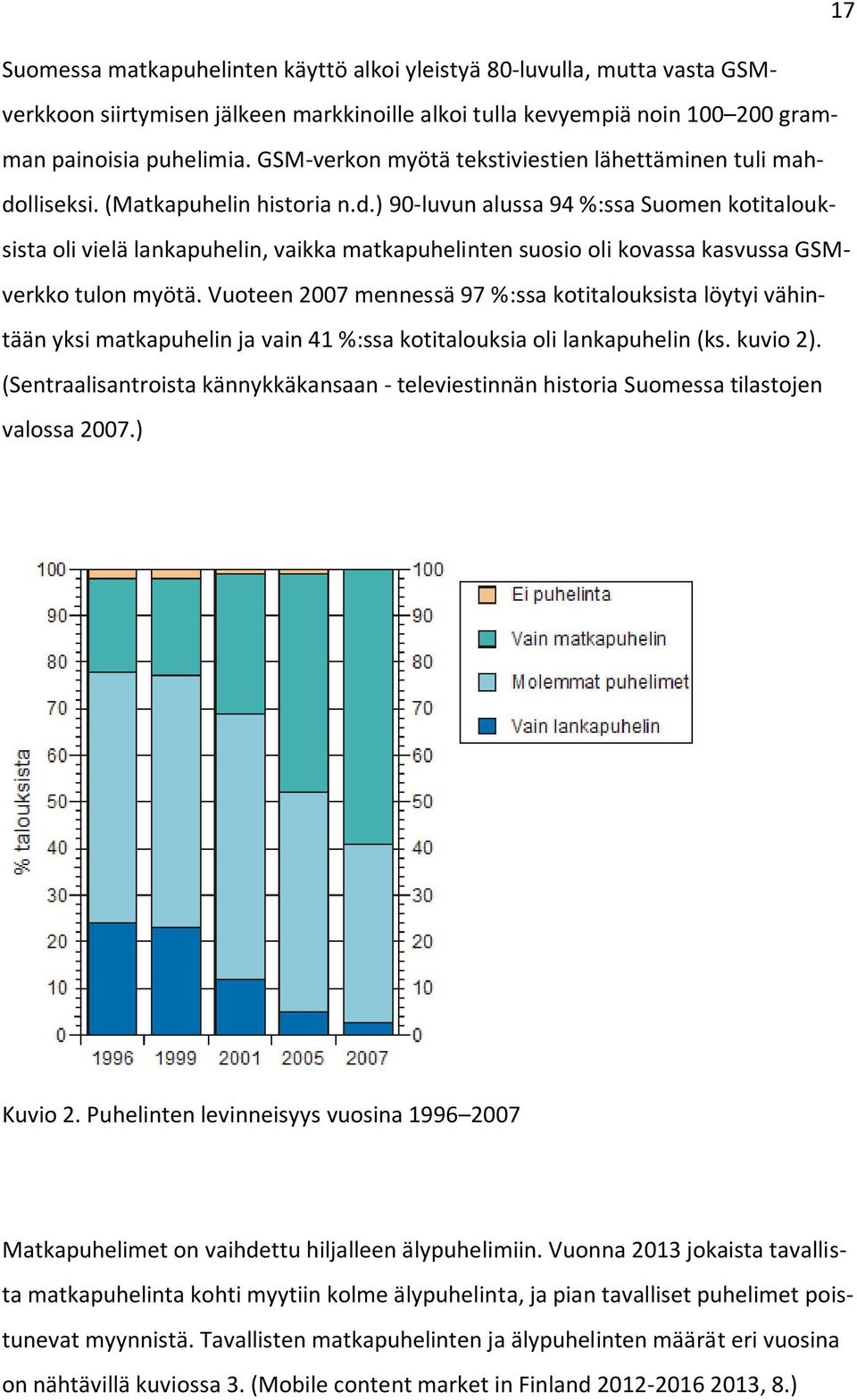 lliseksi. (Matkapuhelin historia n.d.) 90-luvun alussa 94 %:ssa Suomen kotitalouksista oli vielä lankapuhelin, vaikka matkapuhelinten suosio oli kovassa kasvussa GSMverkko tulon myötä.