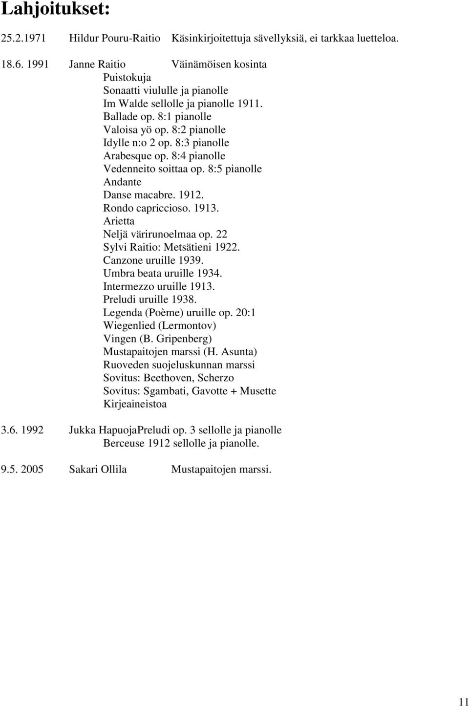 8:3 pianolle Arabesque op. 8:4 pianolle Vedenneito soittaa op. 8:5 pianolle Andante Danse macabre. 1912. Rondo capriccioso. 1913. Arietta Neljä värirunoelmaa op. 22 Sylvi Raitio: Metsätieni 1922.