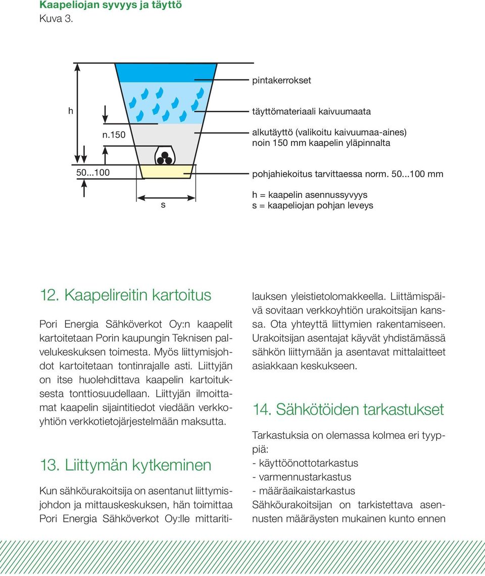 Kaapelireitin kartoitus Pori Energia Sähköverkot Oy:n kaapelit kartoitetaan Porin kaupungin Teknisen palvelukeskuksen toimesta. Myös liittymisjohdot kartoitetaan tontinrajalle asti.