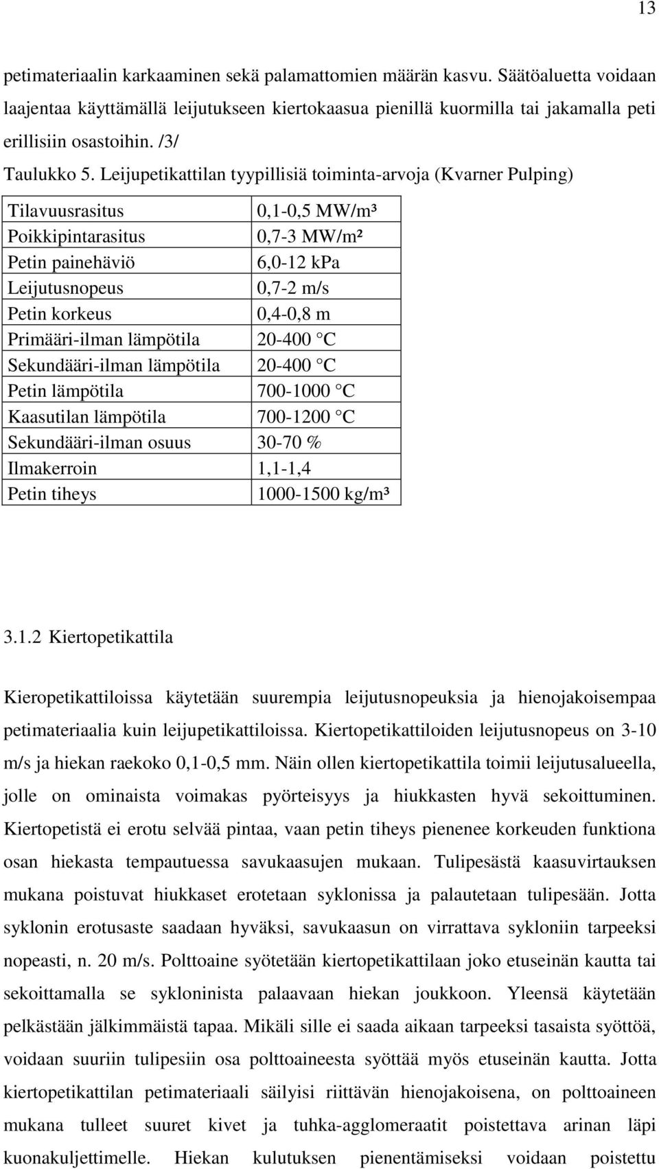 Leijupetikattilan tyypillisiä toiminta-arvoja (Kvarner Pulping) Tilavuusrasitus 0,1-0,5 MW/m³ Poikkipintarasitus 0,7-3 MW/m² Petin painehäviö 6,0-12 kpa Leijutusnopeus 0,7-2 m/s Petin korkeus 0,4-0,8