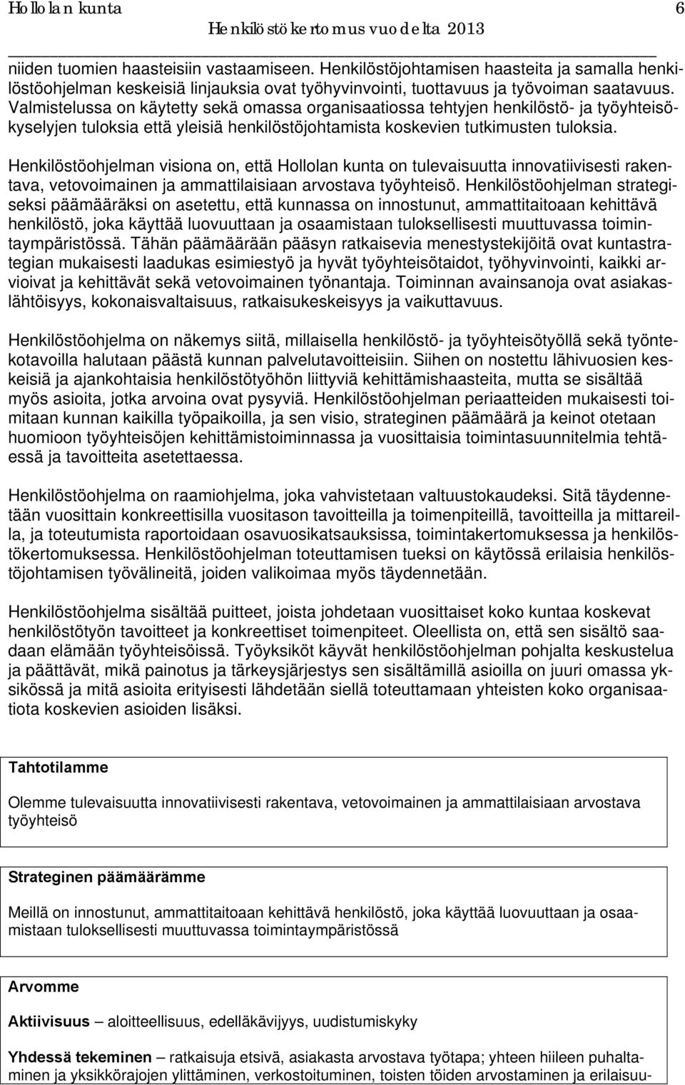 Henkilöstöohjelman visiona on, että Hollolan kunta on tulevaisuutta innovatiivisesti rakentava, vetovoimainen ja ammattilaisiaan arvostava työyhteisö.