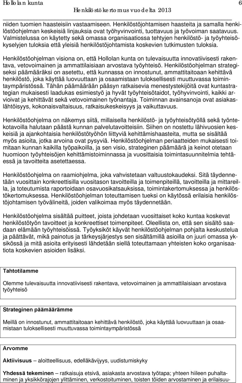 Henkilöstöohjelman visiona on, että Hollolan kunta on tulevaisuutta innovatiivisesti rakentava, vetovoimainen ja ammattilaisiaan arvostava työyhteisö.