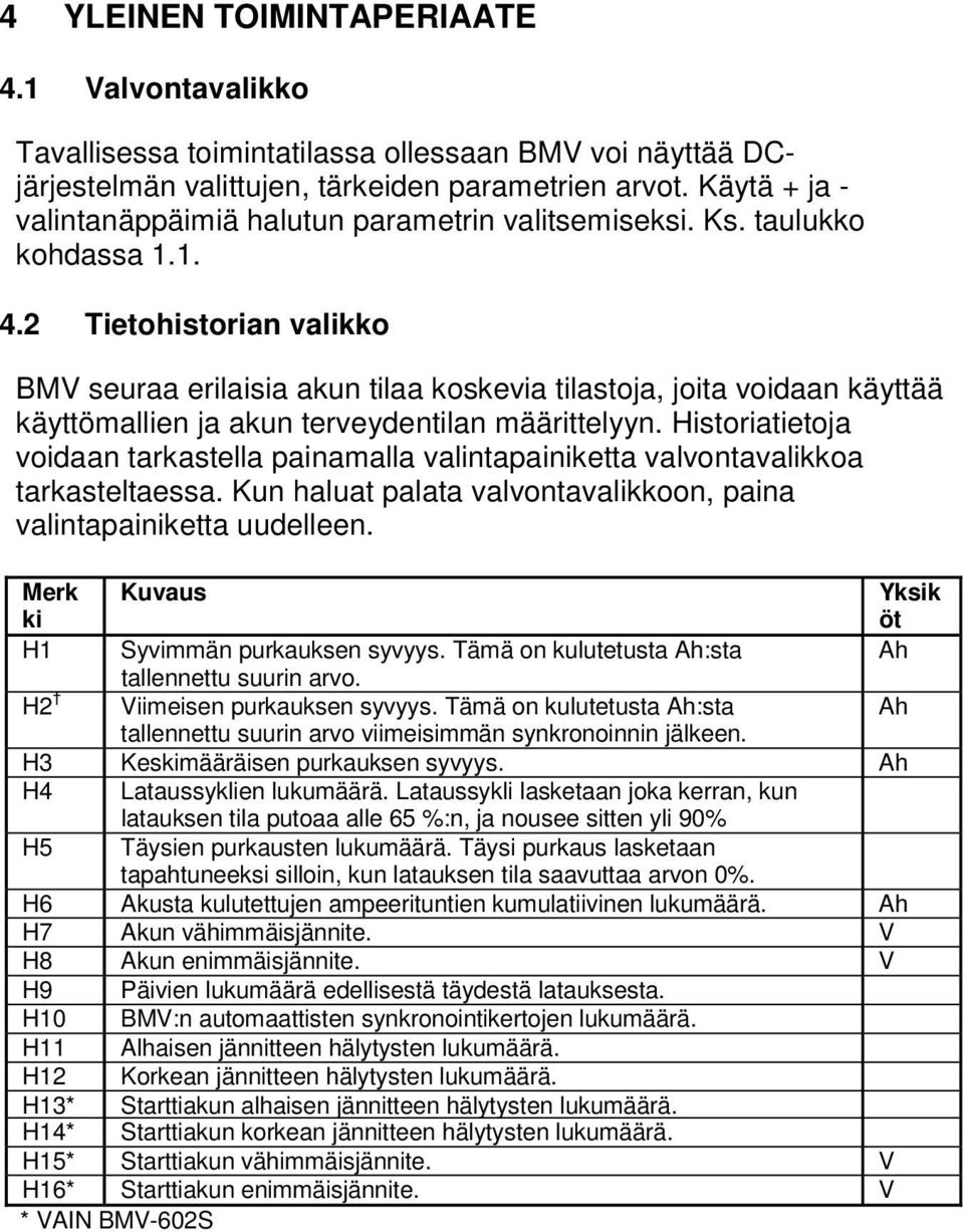 2 Tietohistorian valikko BMV seuraa erilaisia akun tilaa koskevia tilastoja, joita voidaan käyttää käyttömallien ja akun terveydentilan määrittelyyn.