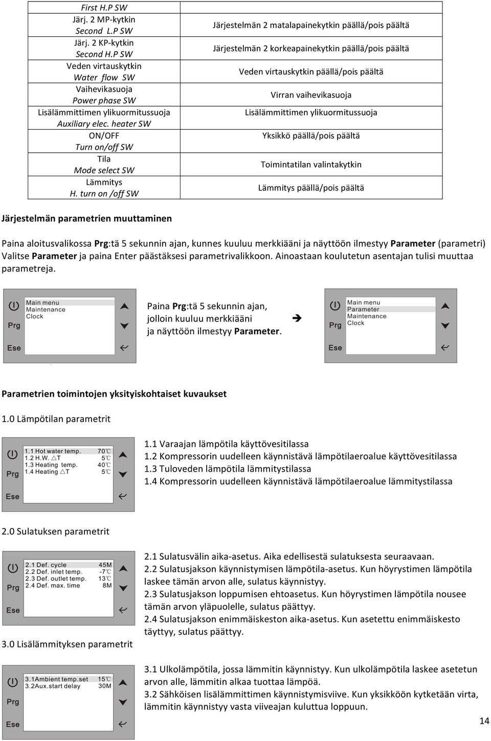 turn on /off SW Järjestelmän 2 matalapainekytkin päällä/pois päältä Järjestelmän 2 korkeapainekytkin päällä/pois päältä Veden virtauskytkin päällä/pois päältä Virran vaihevikasuoja Lisälämmittimen