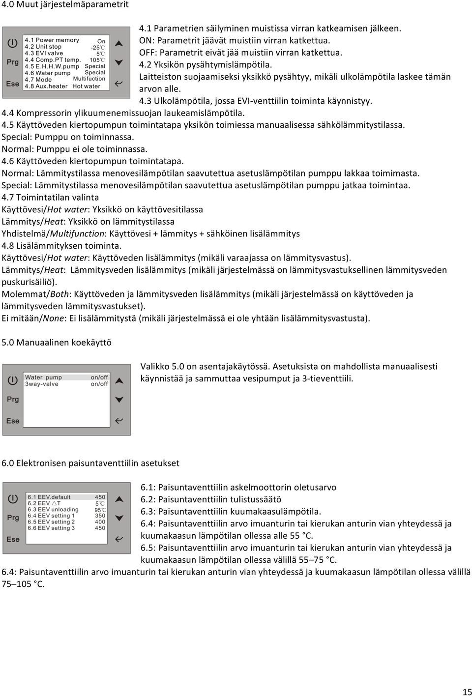 4.5 Käyttöveden kiertopumpun toimintatapa yksikön toimiessa manuaalisessa sähkölämmitystilassa. Special: Pumppu on toiminnassa. Normal: Pumppu ei ole toiminnassa. 4.