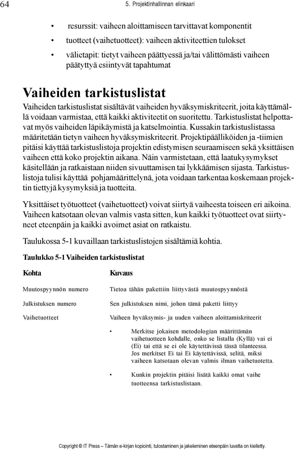 aktiviteetit on suoritettu. Tarkistuslistat helpottavat myös vaiheiden läpikäymistä ja katselmointia. Kussakin tarkistuslistassa määritetään tietyn vaiheen hyväksymiskriteerit.