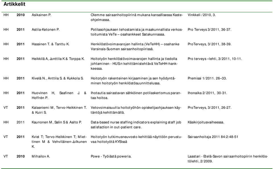 Henkilöstövoimavarojen hallinta (VeTeHH) osahanke Varsinais-Suomen sairaanhoitopiirissä. HH 2011 Heikkilä A, Junttila K & Torppa K.