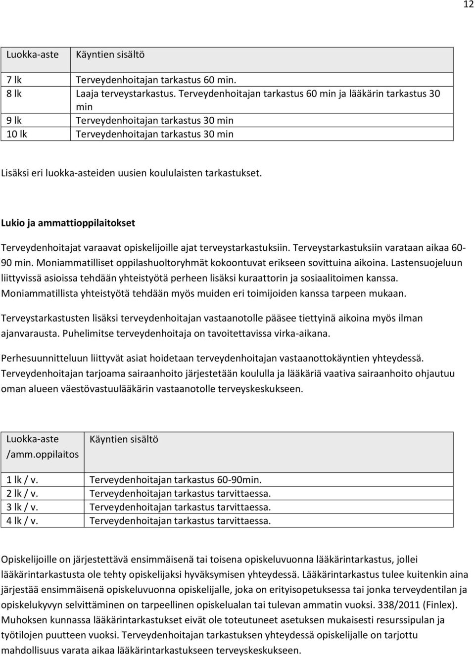 tarkastukset. Lukio ja ammattioppilaitokset Terveydenhoitajat varaavat opiskelijoille ajat terveystarkastuksiin. Terveystarkastuksiin varataan aikaa 60-90 min.