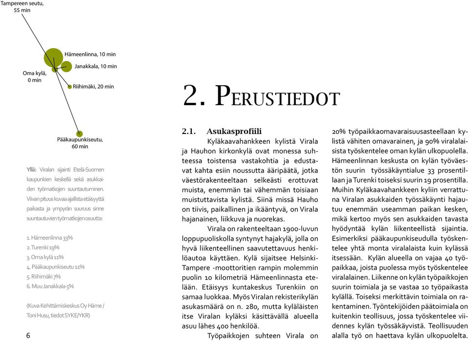 Viivan pituus kuvaa ajallista etäisyyttä paikasta ja ympyrän suuruus sinne suuntautuvien työmatkojen osuutta: 1. Hämeenlinna 33% 2. Turenki 19% 3. Oma kylä 11% 4. Pääkaupunkiseutu 11% 5.