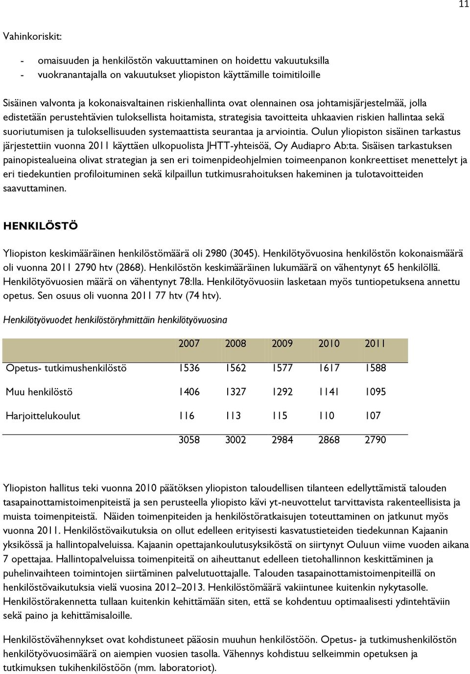 tuloksellisuuden systemaattista seurantaa ja arviointia. Oulun yliopiston sisäinen tarkastus järjestettiin vuonna 2011 käyttäen ulkopuolista JHTT-yhteisöä, Oy Audiapro Ab:ta.