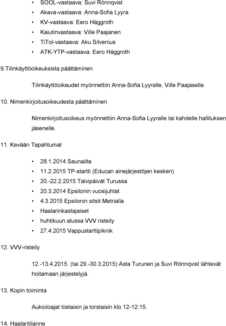 Nimenkirjoitusoikeudesta päättäminen Nimenkirjoitusoikeus myönnettiin Anna-Sofia Lyyralle tai kahdelle hallituksen jäsenelle. 11. Kevään Tapahtumat 28