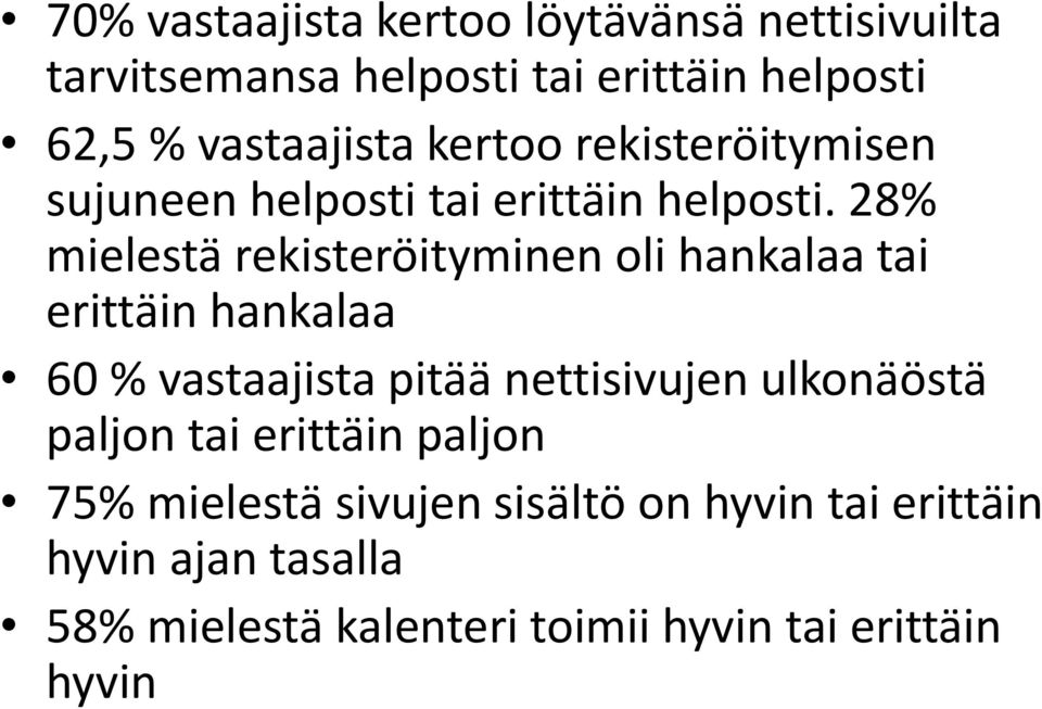 28% mielestä rekisteröityminen oli hankalaa tai erittäin hankalaa 60 % vastaajista pitää nettisivujen