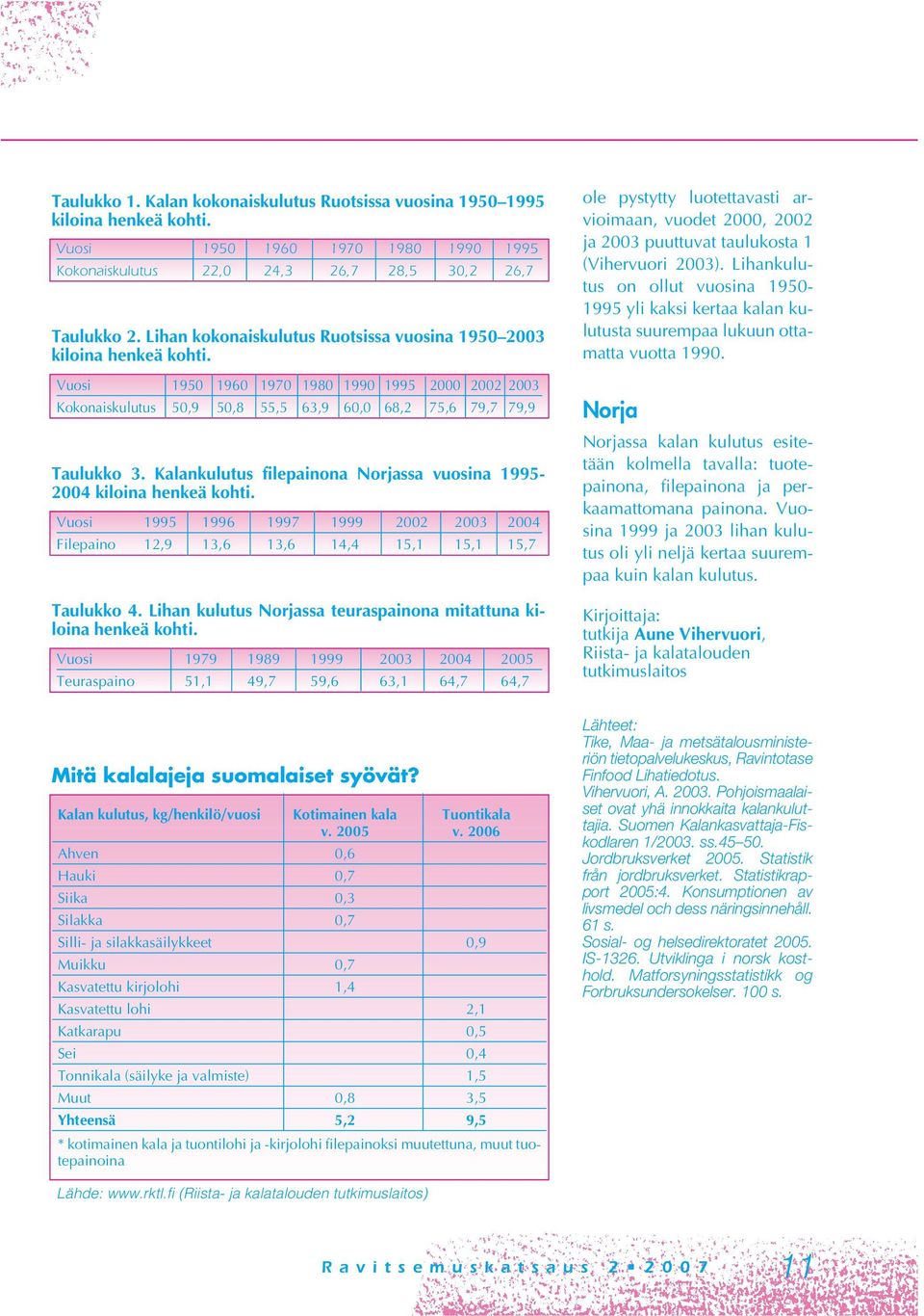 Kalankulutus filepainona Norjassa vuosina 1995-2004 kiloina henkeä kohti. Vuosi 1995 1996 1997 1999 2002 2003 2004 Filepaino 12,9 13,6 13,6 14,4 15,1 15,1 15,7 Taulukko 4.