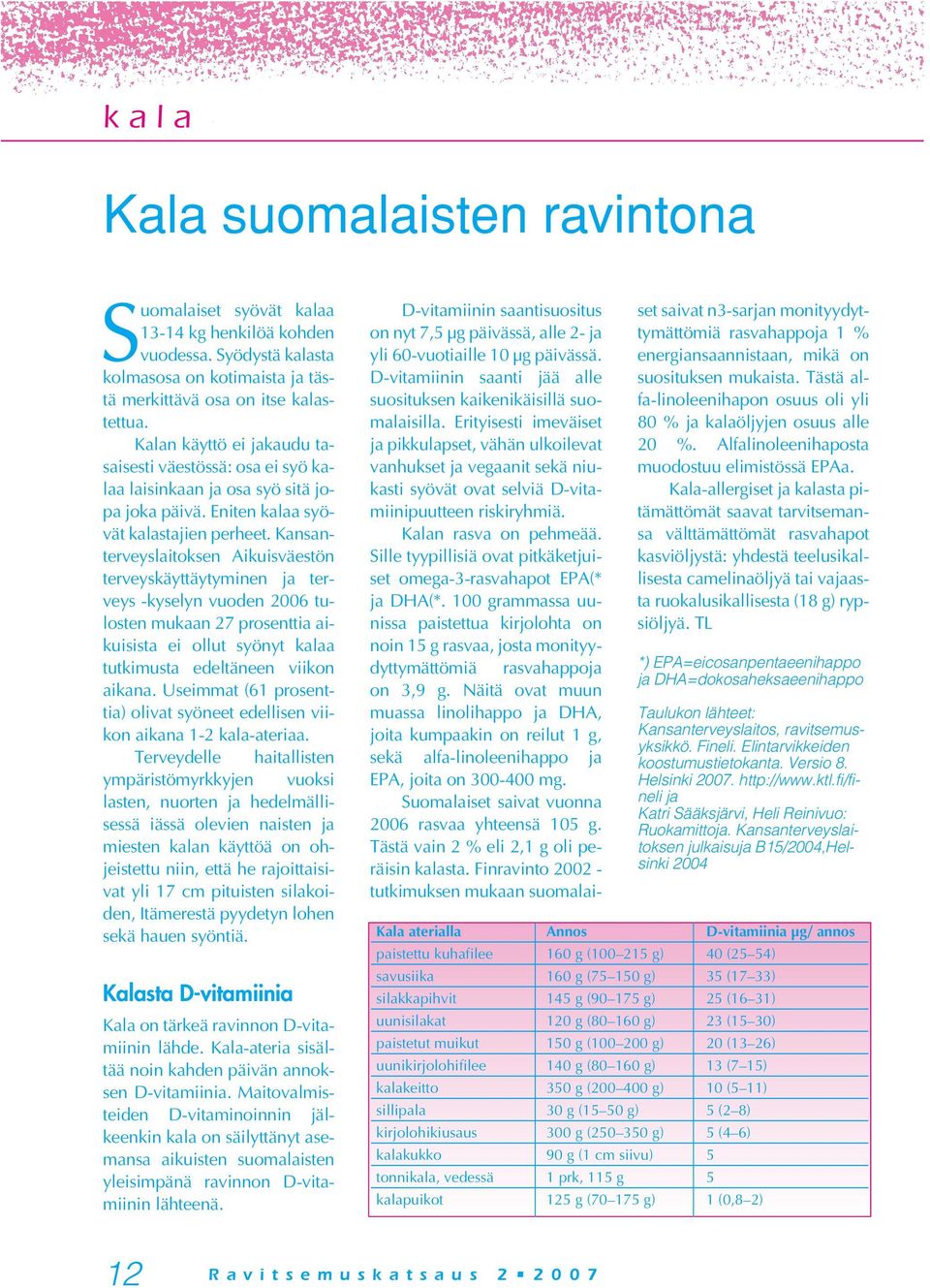 Kansanterveyslaitoksen Aikuisväestön terveyskäyttäytyminen ja terveys -kyselyn vuoden 2006 tulosten mukaan 27 prosenttia aikuisista ei ollut syönyt kalaa tutkimusta edeltäneen viikon aikana.