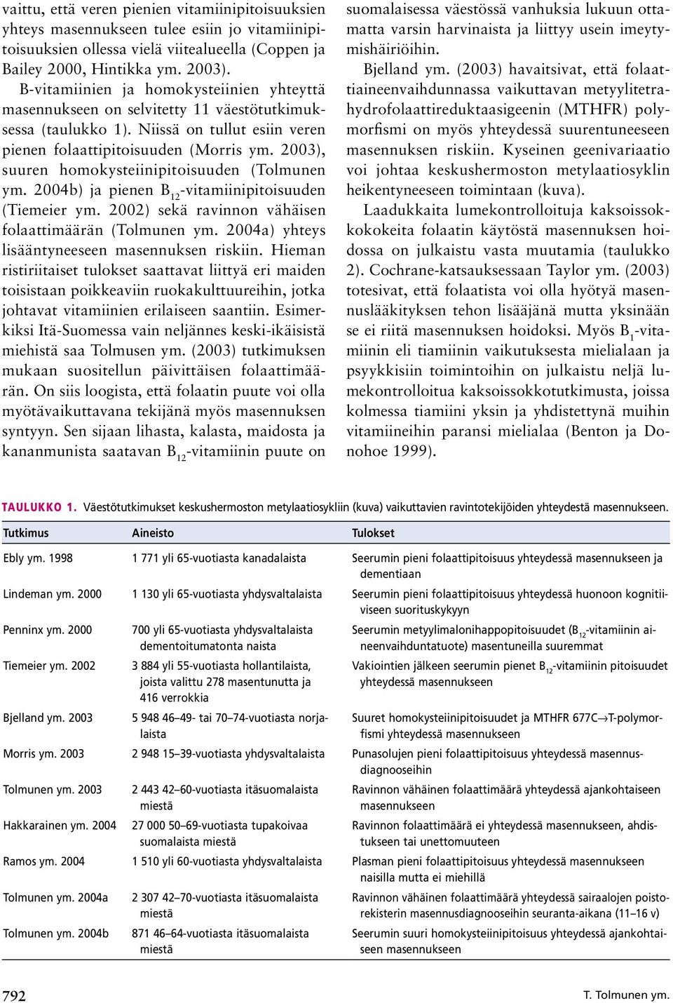 2003), suuren homokysteiinipitoisuuden (Tolmunen ym. 2004b) ja pienen B 12 vitamiinipitoisuuden (Tiemeier ym. 2002) sekä ravinnon vähäisen folaattimäärän (Tolmunen ym.