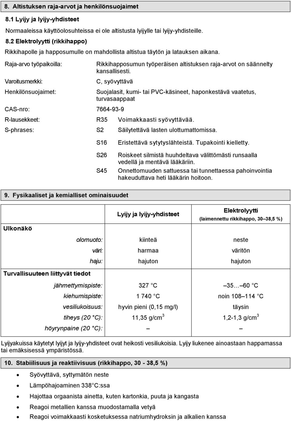 C, syövyttävä Suojalasit, kumi- tai PVC-käsineet, haponkestävä vaatetus, turvasaappaat CAS-nro: 7664-93-9 R-lausekkeet: R35 Voimakkaasti syövyttävää.