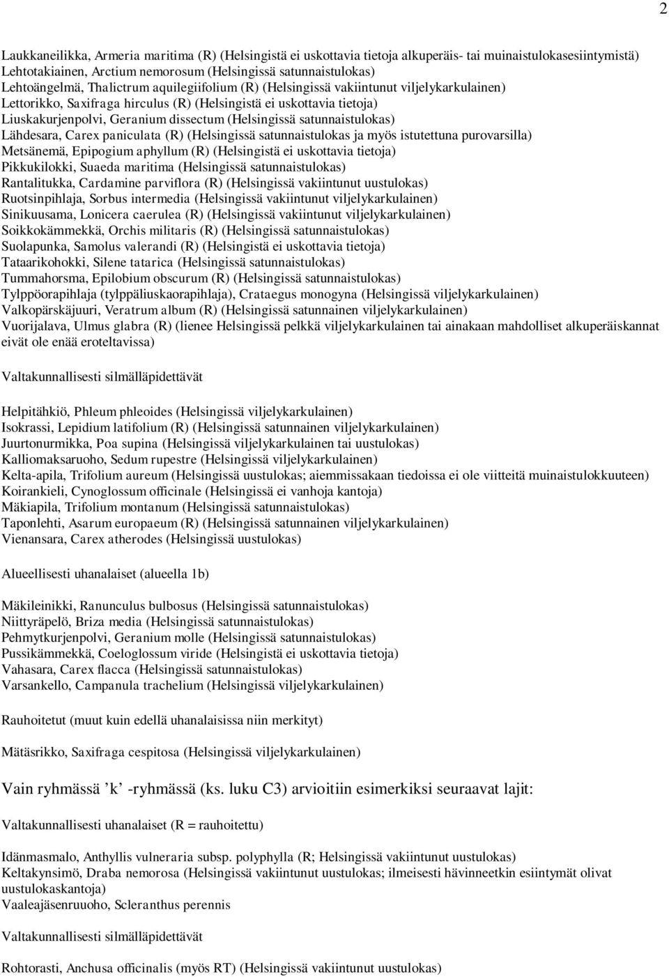 satunnaistulokas) Lähdesara, Carex paniculata (R) (Helsingissä satunnaistulokas ja myös istutettuna purovarsilla) Metsänemä, Epipogium aphyllum (R) (Helsingistä ei uskottavia tietoja) Pikkukilokki,